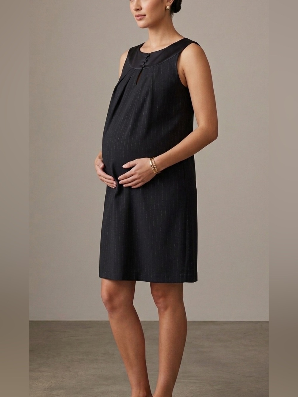Maternal America Black Sleeveless Satin Collar Maternity Mama Classic Dress